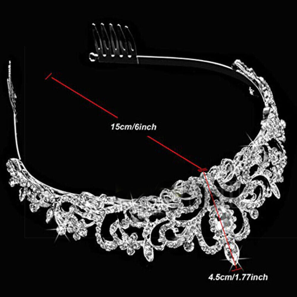 US 1-2 Silver Crystal Tiara Crown Wedding Bridal Princess Rhinestone Hair w/Comb