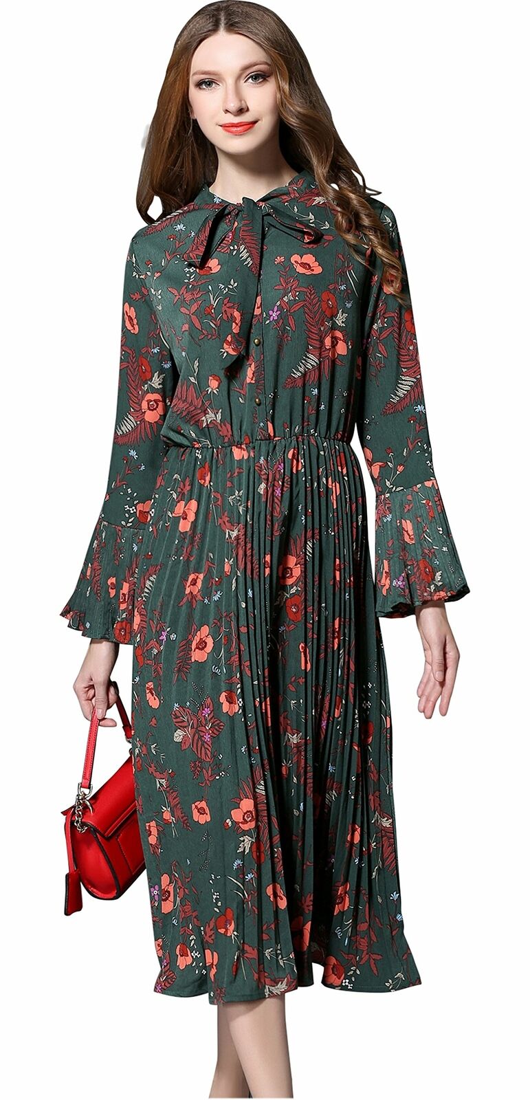 Women's Vintage Floral Printed Lotus Sleeves Elastic Waist  Cocktail Dress