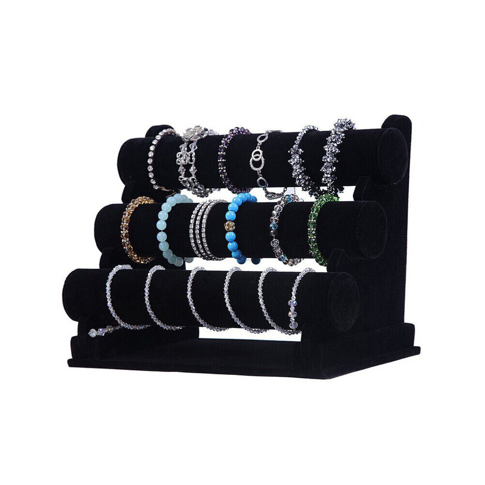 US 1-2 Pc 3 Tier Black Velvet Jewelry Display Organizer Stand, 12 x 9 x 7 in