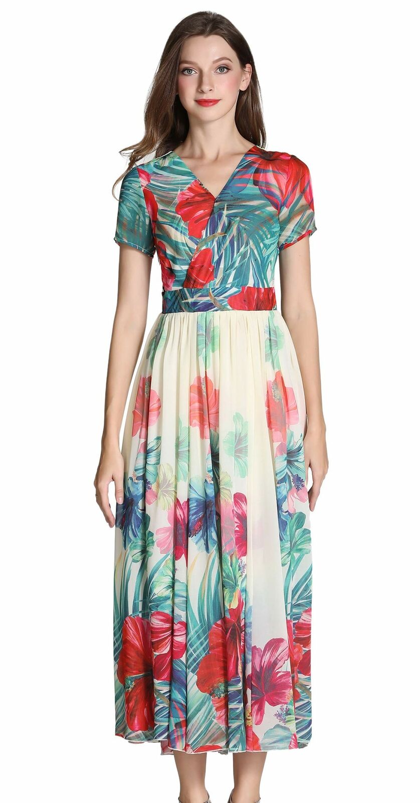Women's Vintage Short Sleeves Floral Print Skater Dress Midi Cocktail Dress