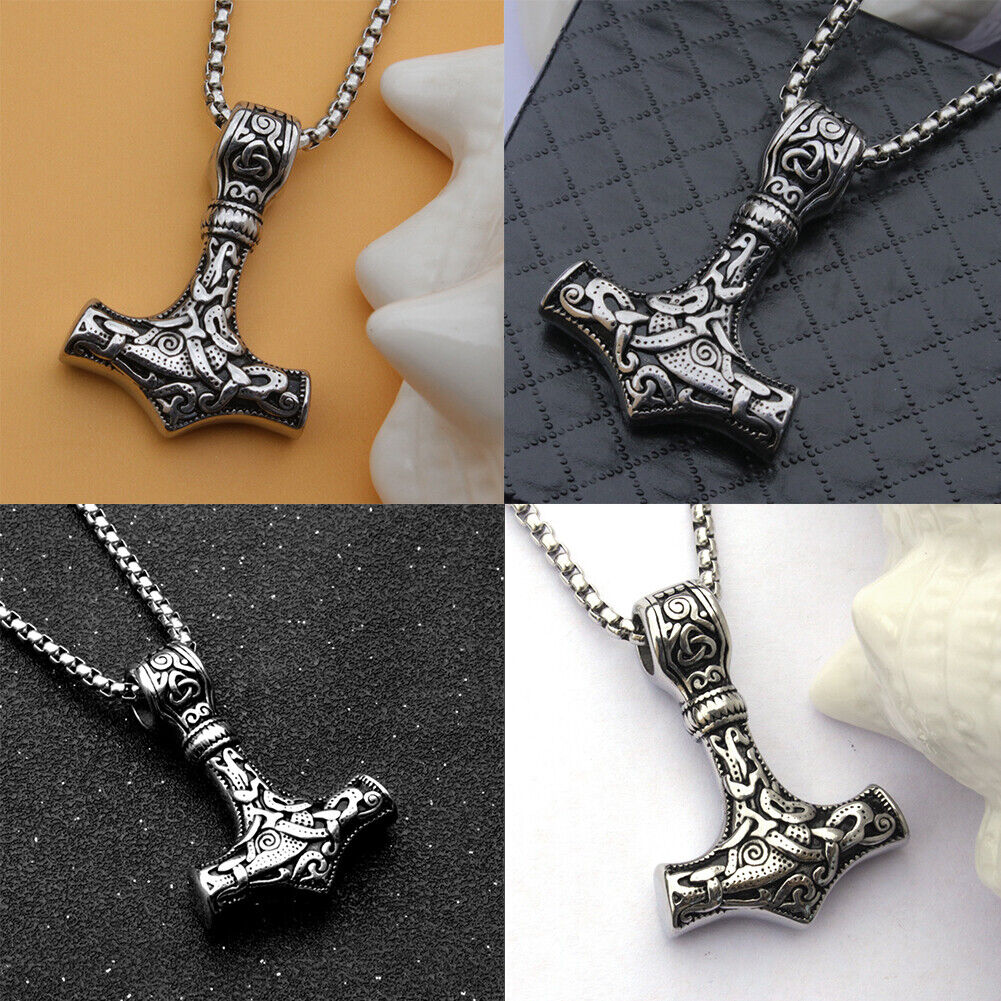 US Men Stainless Steel Norse Viking Thors Hammer Mjolnir Pendant Necklace