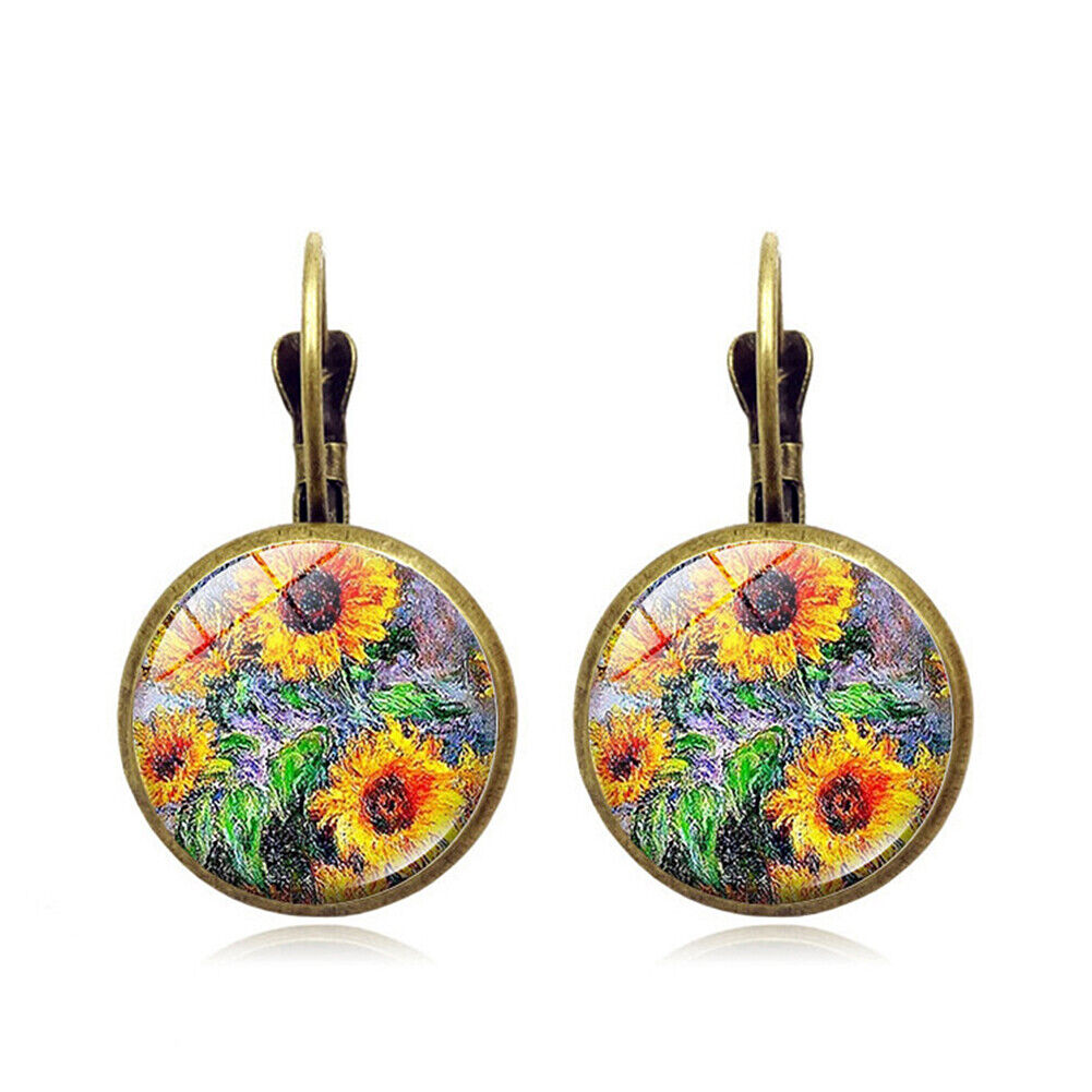 US Starry Night Van Gogh Sunflower Landscape Painting Glass Drop Dangle Earrings