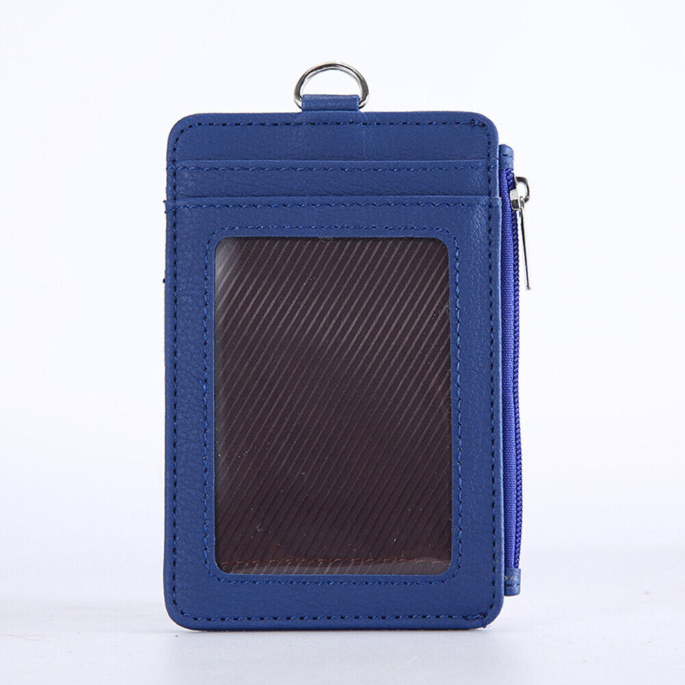 US 2-4 Pcs Badge Holder Zipper Leather ID Card Holder Wallet Pocket Neck Lanyard
