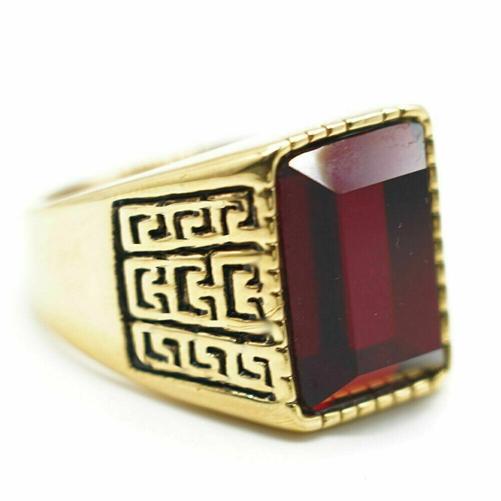 US Men Gold Plated Stainless Steel Red CZ Crystal Stone Ring Men Size 7-11