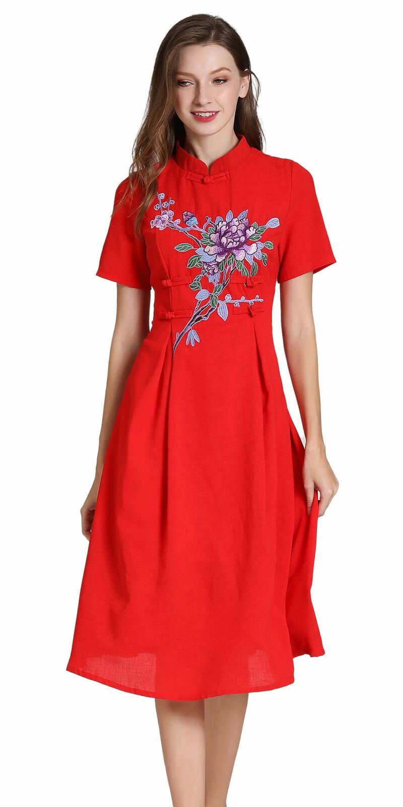 Women's Short Sleeve Mexican Embroidered Floral Pleated A-line Cocktail Dress