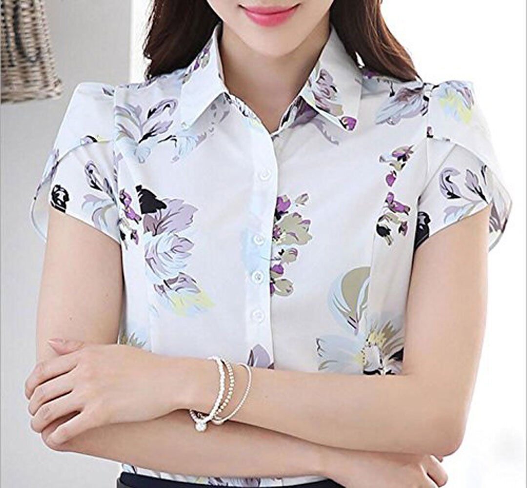 Women Cotton Collared Pleated Button Down Shirt Tulip Sleeve Blouse