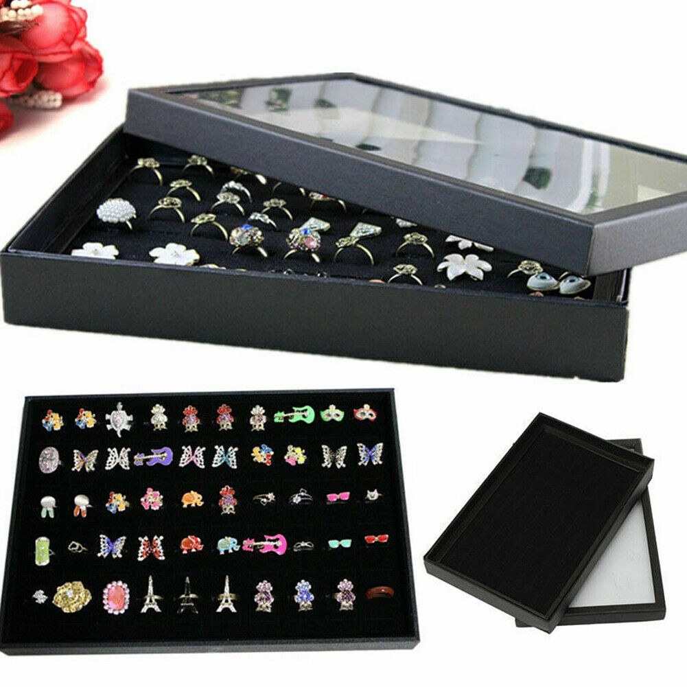 US 1-2 Pack 100 Slots Jewelry Ring Display Tray Holder Earrings Organizer w/ Lid