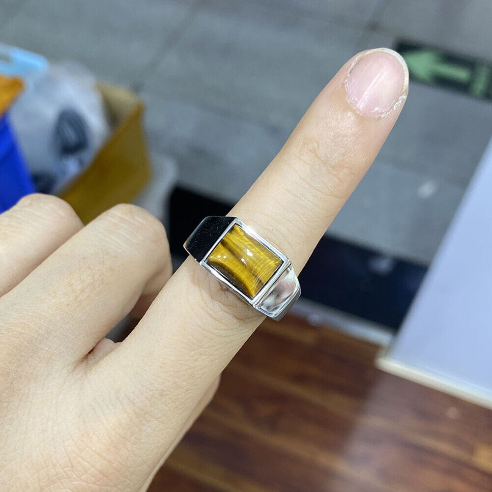 US Mens Stainless Steel Natural Tiger Eye Stone Ring For Men Size 7 8 8-11