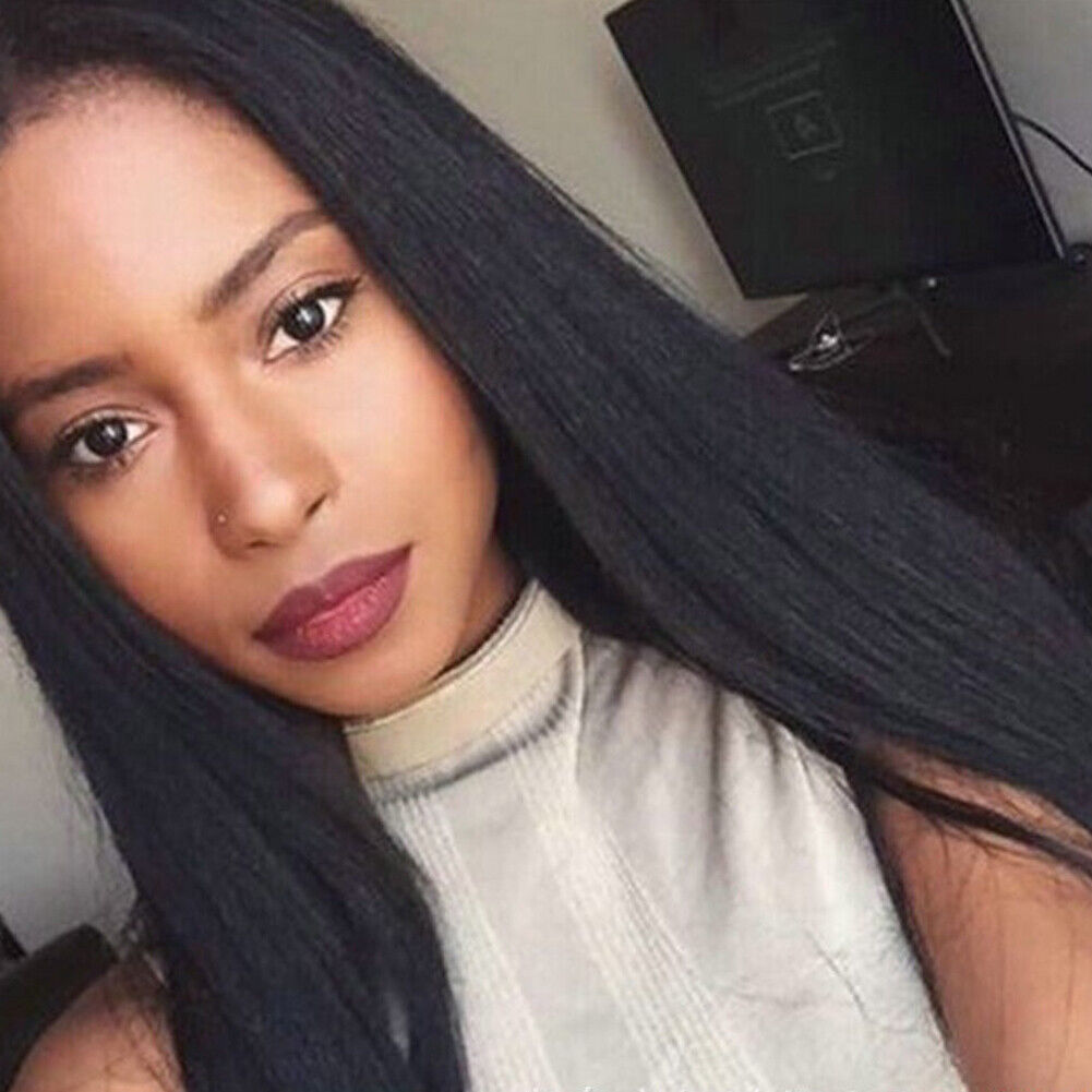 US 1-2 Pack Women Black Long Straight Heat Resistant Human Hair Wig Natural