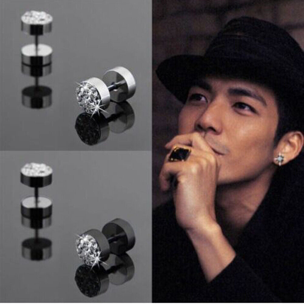 US3-6Pair Barbell Punk StainlessSteel Crystal Ear Studs Earring Piercing Jewelry