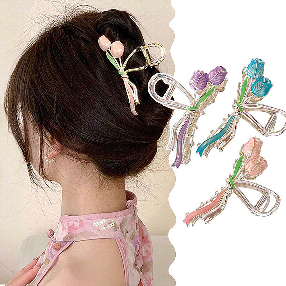 US 1~2 Pack Tulip Floral Enamel Large Metal Hair Claw Flower Blossom Hair Clips