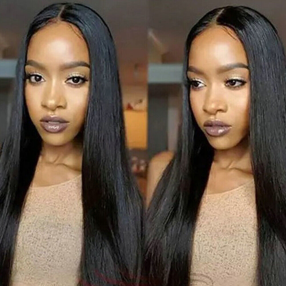 US 1-2 Pack Women Black Long Straight Heat Resistant Human Hair Wig Natural