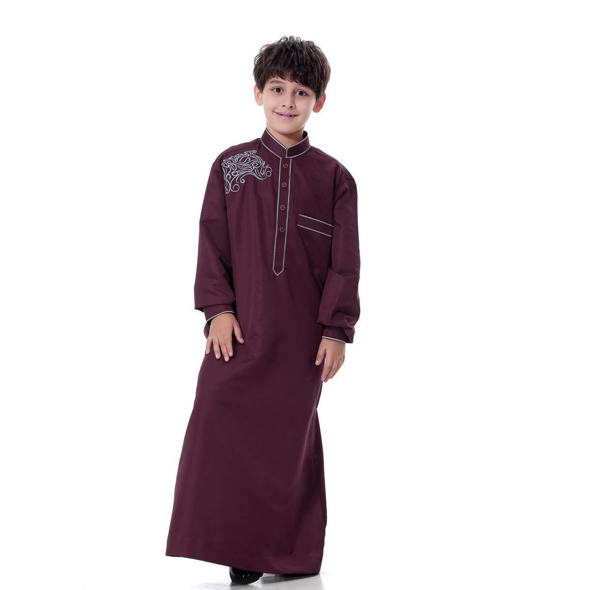 Arabic Thobe Muslim Thobe Kaftan Stand Collar Robe with Botton for Boy