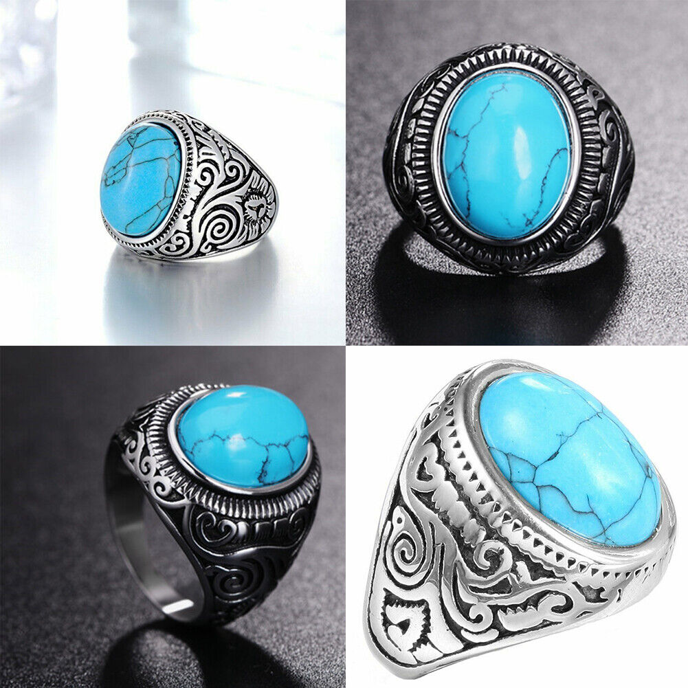 US Mens Simulated Oval Turquoise Stone Ring Men Stainless Steel Size 7 8-11