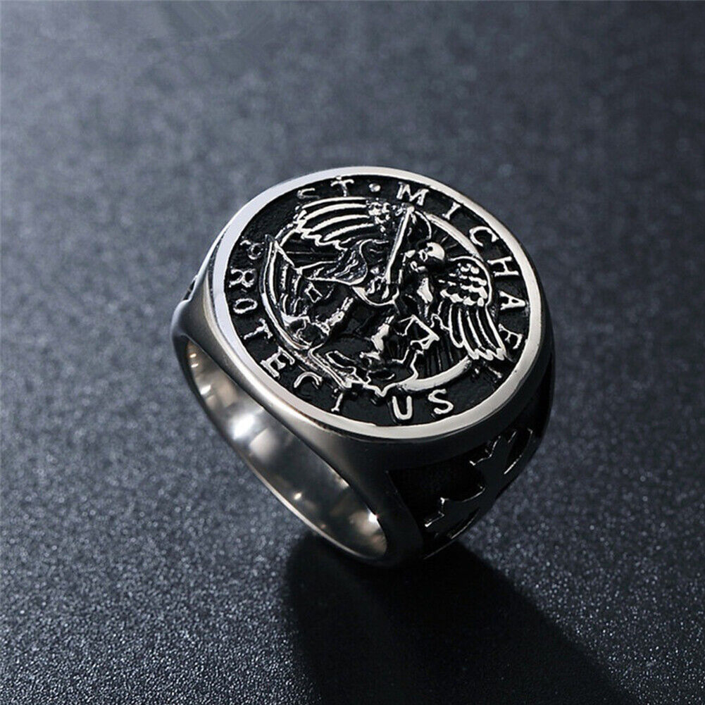 US 1-2 Pack Saint Michael Archangel Ring Vintage Stainless Steel Faith Bands Men