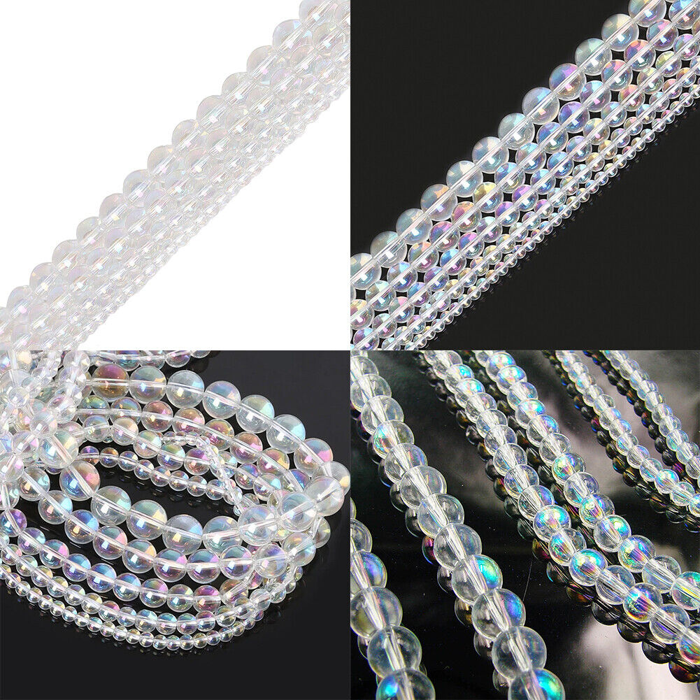 US 4~10mm Clear Rainbow Iridescent Mermaid Smooth Round Glass Bubble Bead Strand