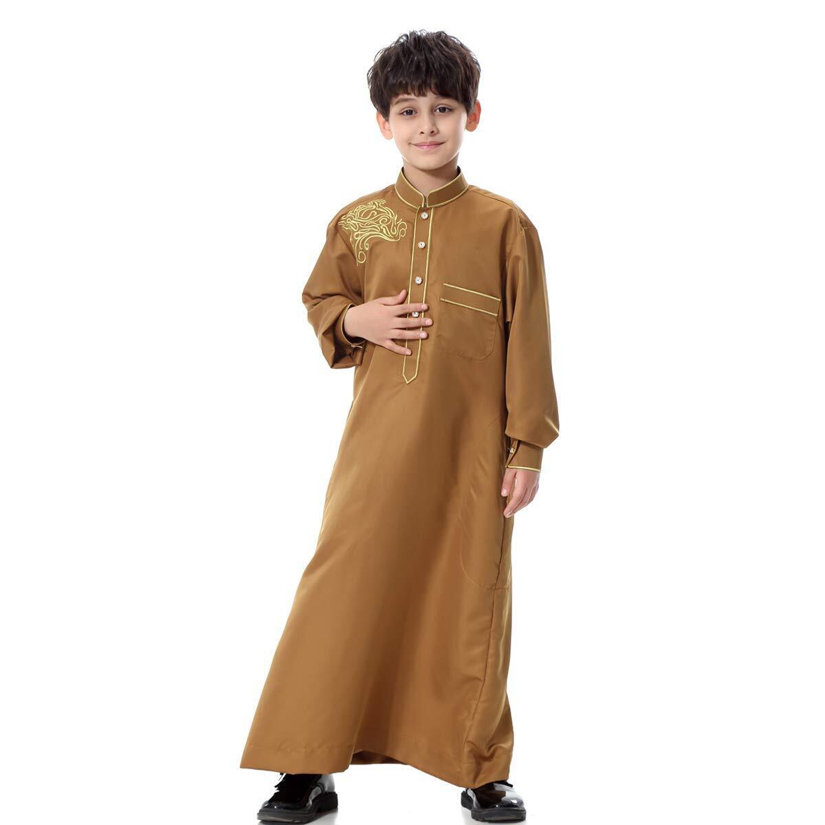 Arabic Thobe Muslim Thobe Kaftan Stand Collar Robe with Botton for Boy