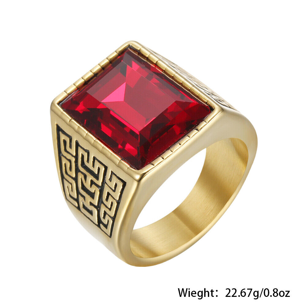 US Men Gold Plated Stainless Steel Red CZ Crystal Stone Ring Men Size 7-11