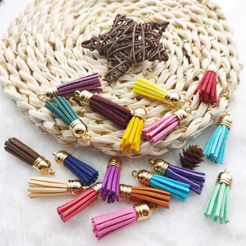 US 100Pc 30 Colors 1.6 inches Leather Tassels Keychain Charms DIY Multicolored
