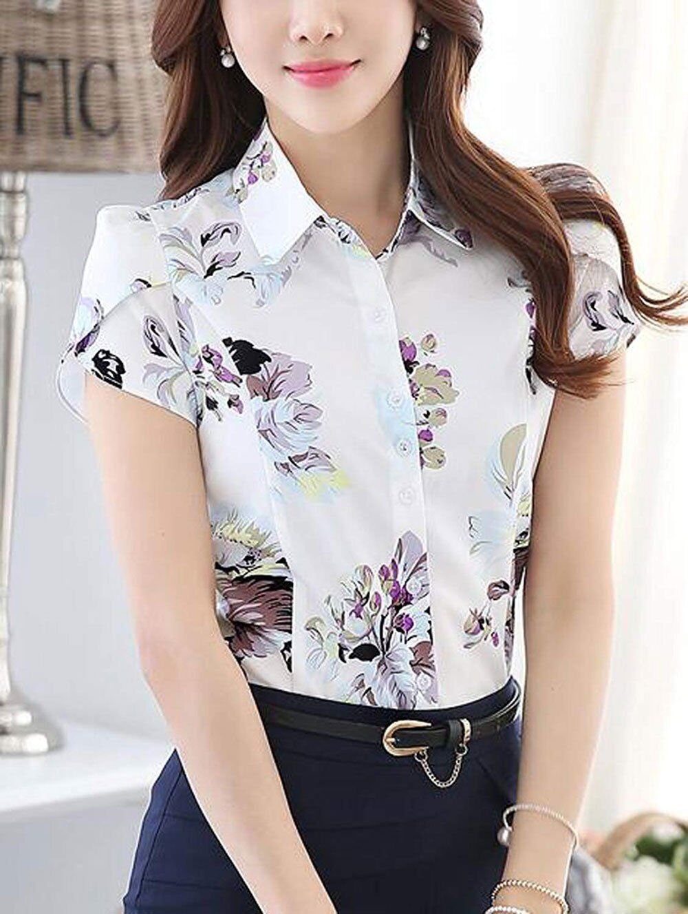 Women Cotton Collared Pleated Button Down Shirt Tulip Sleeve Blouse