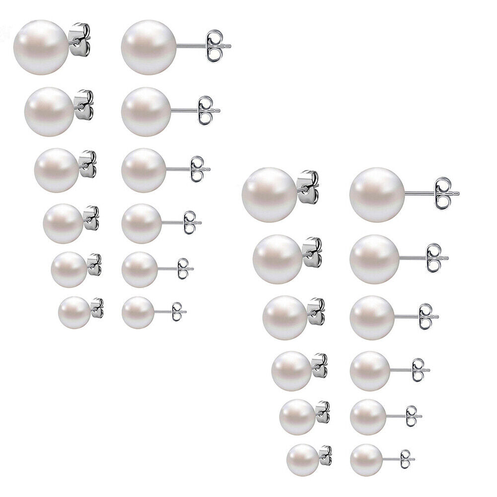 US 6-12 Pairs Faux Pearl Stud Earrings Set Silver Stainless Steel Hypoallergenic