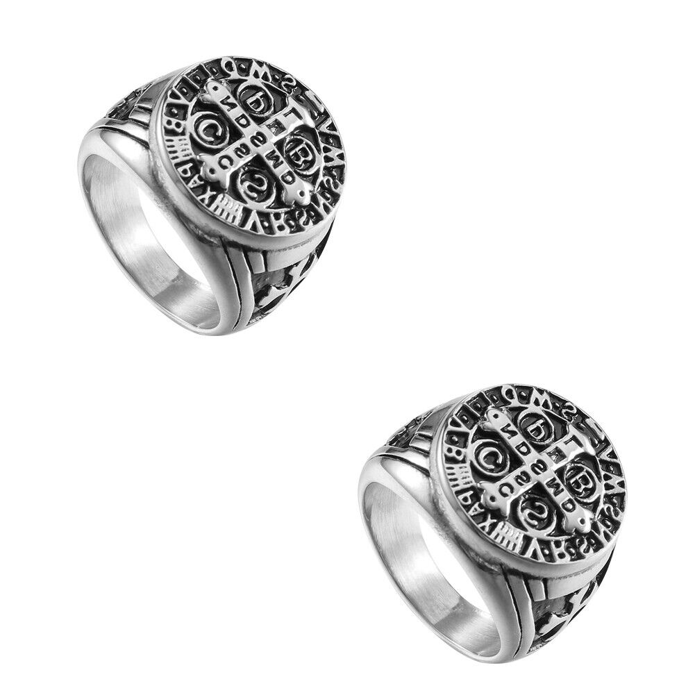 US St Benedict Exorcism Ring Silver Stainless Steel Catholic Roman Cross Demon