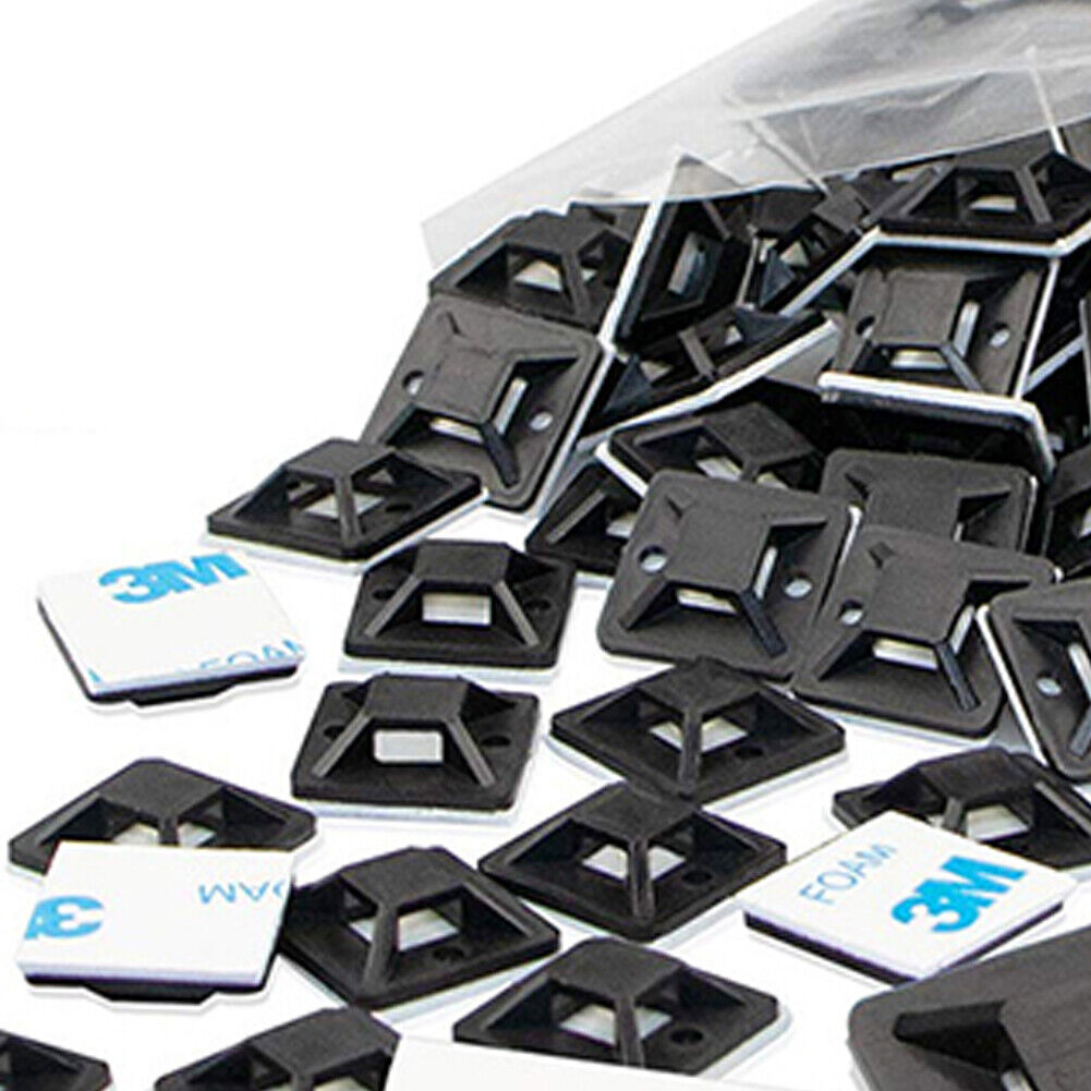 US 100-200 Pcs Cable Tie Mounts Self ADHESIVE Clips Base (25mm x 25mm)