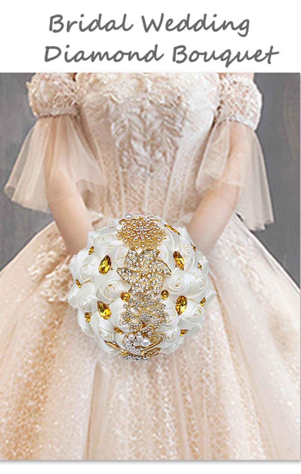 Luxury Gold Rhinestone Bridal Wedding Bouquet Bride Bridesmaid Satin Rose Flower