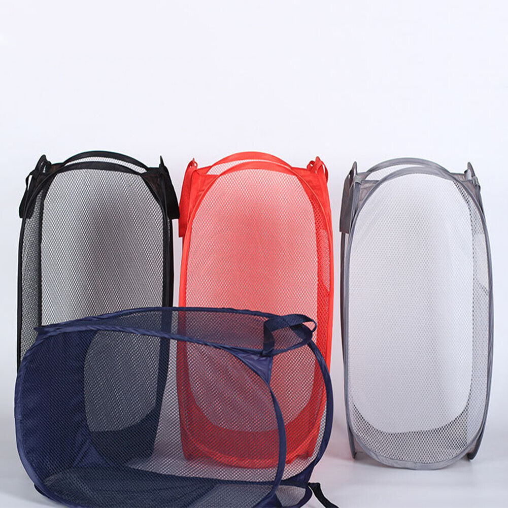 US 1-2 Pcs Laundry Baskets Foldable Pop Up Tidy Mesh Washing Laundry Basket Bag