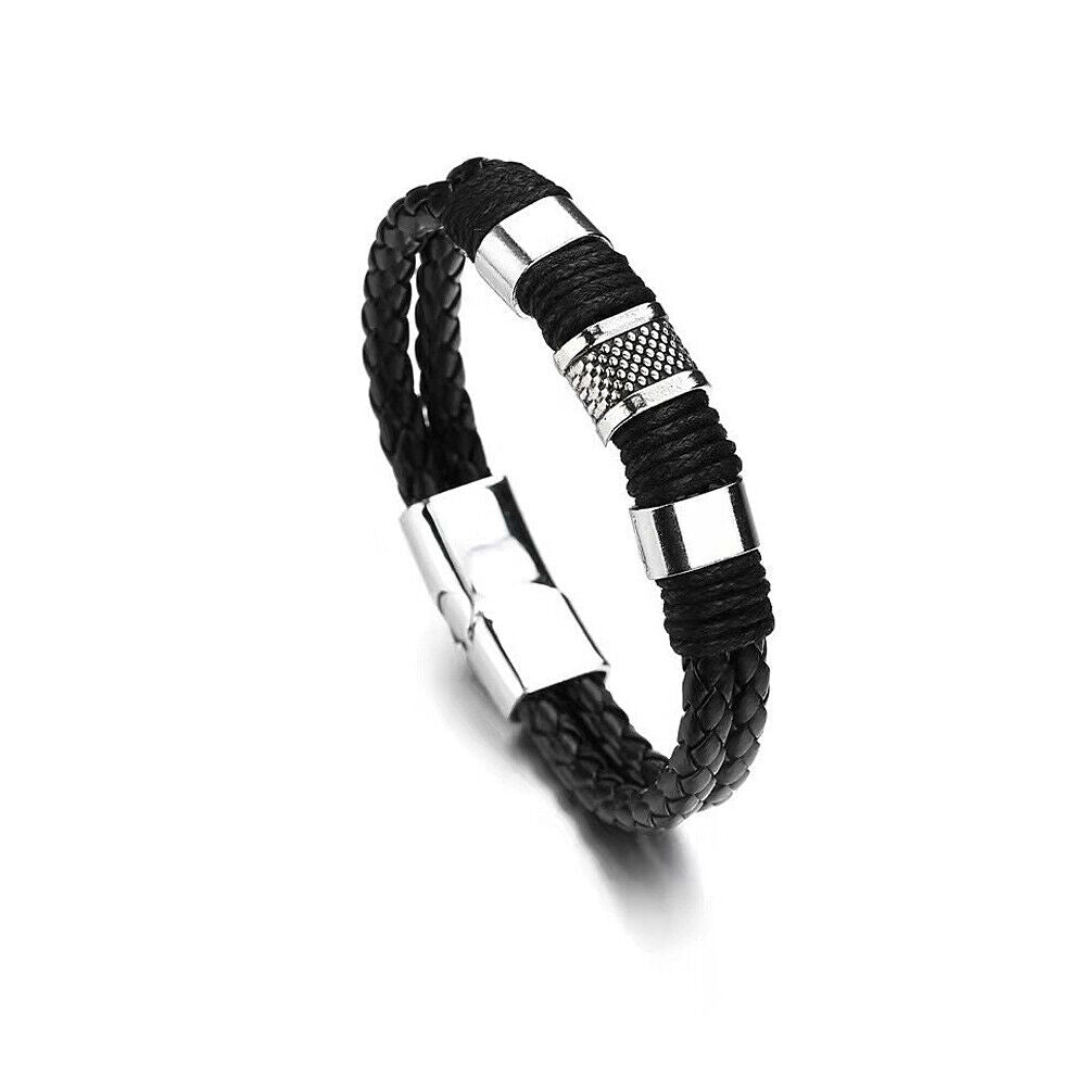 US 2-4 Leather Titanium Steel Braided Magnetic Clasp Bracelet Bangle Wrist Cuff