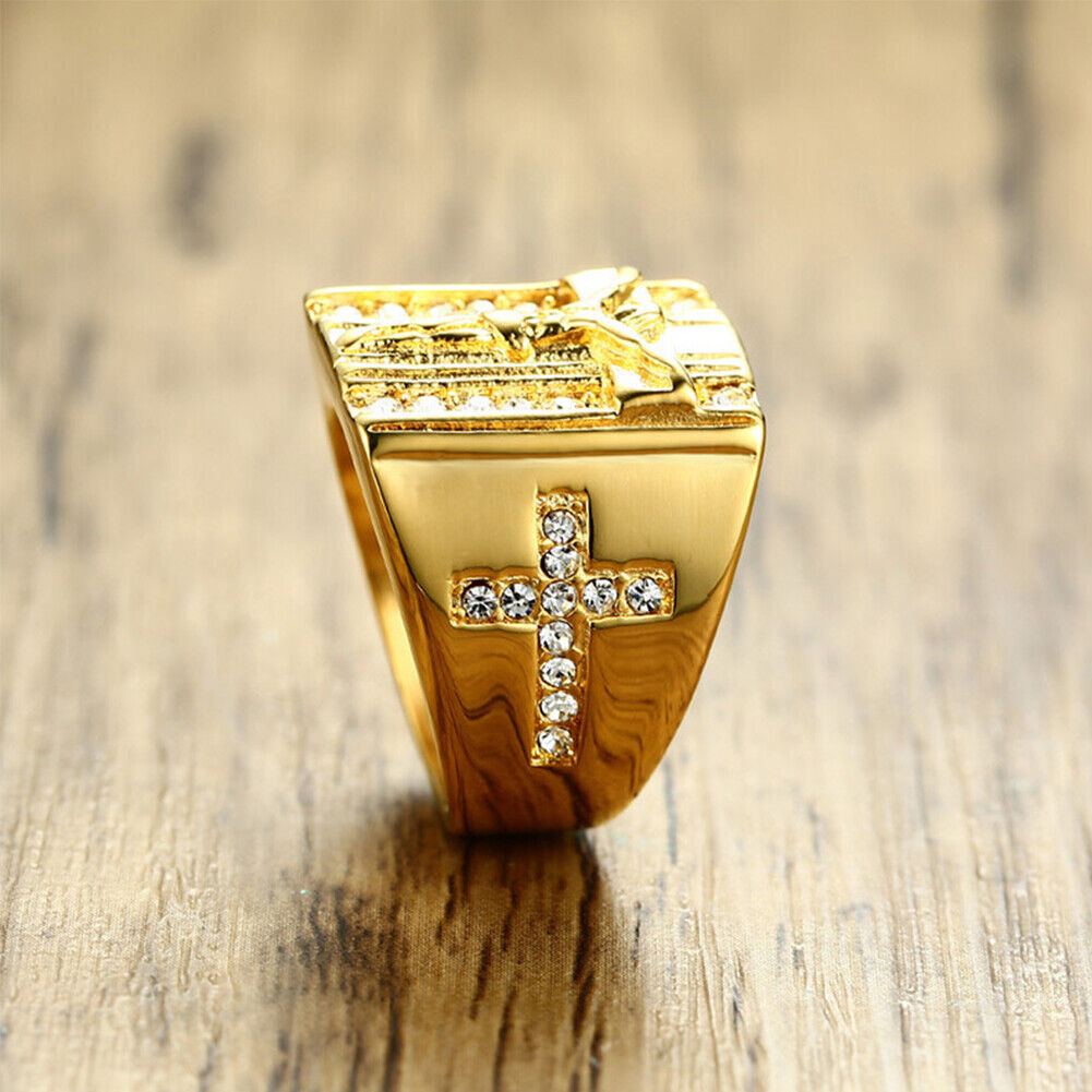 US Mens Stainless Steel Gold Plated CZ Jesus Cross Crucifix Ring Size 7 8-12