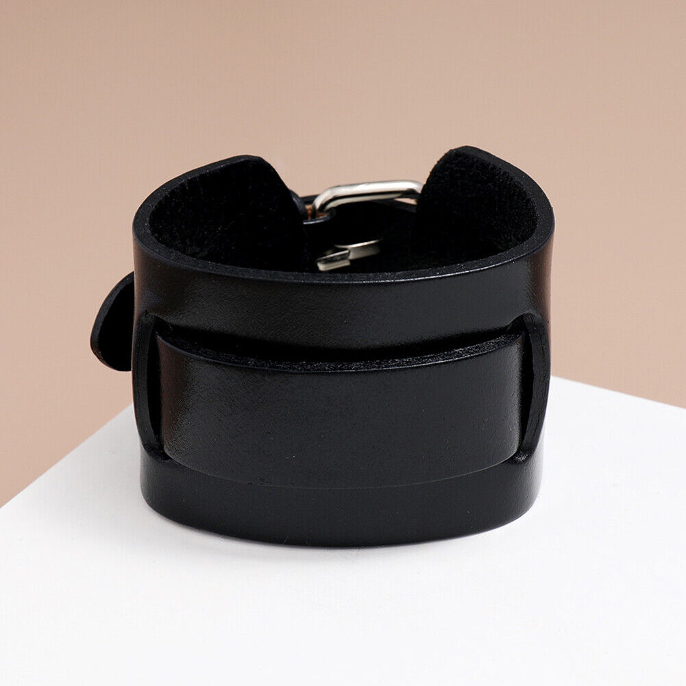 US 1-2 Pc Men's Punk Wide Genuine Leather Belt Wristband Bangle Cuff  Adjustable