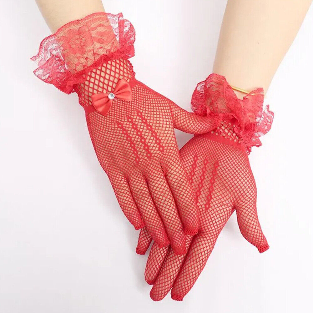 US 1~2 Pairs Ribbon Knot Short Lace Mesh Gloves Prom Bridal Wedding Party Events