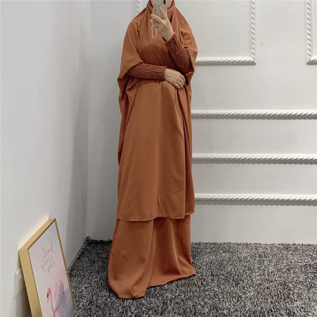 Women Muslim Long Sleeve Thobe Longuette Abaya Thobe with Hoodied Hijab