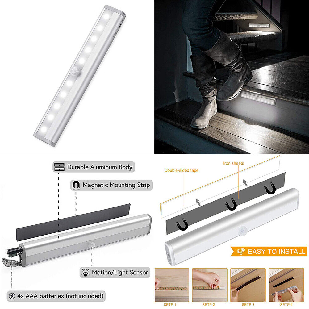 US 10 LED Motion Sensor Closet Lights Cordless Under Cabinet Lightening Bar