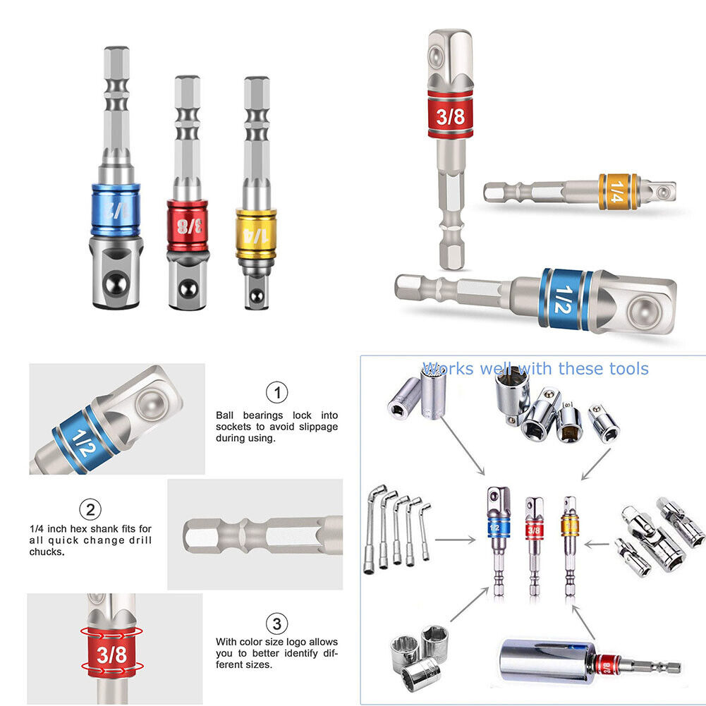 US 2-4 Set of 3-Pc Socket Adapter Hex Shank to1/4" 3/8" 1/2" Impact Driver Drill