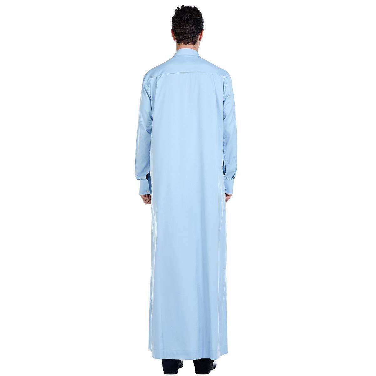 Men Arabic Long Sleeve PureColor Thobe Crew Stand Collar Kaftan Robe with Button