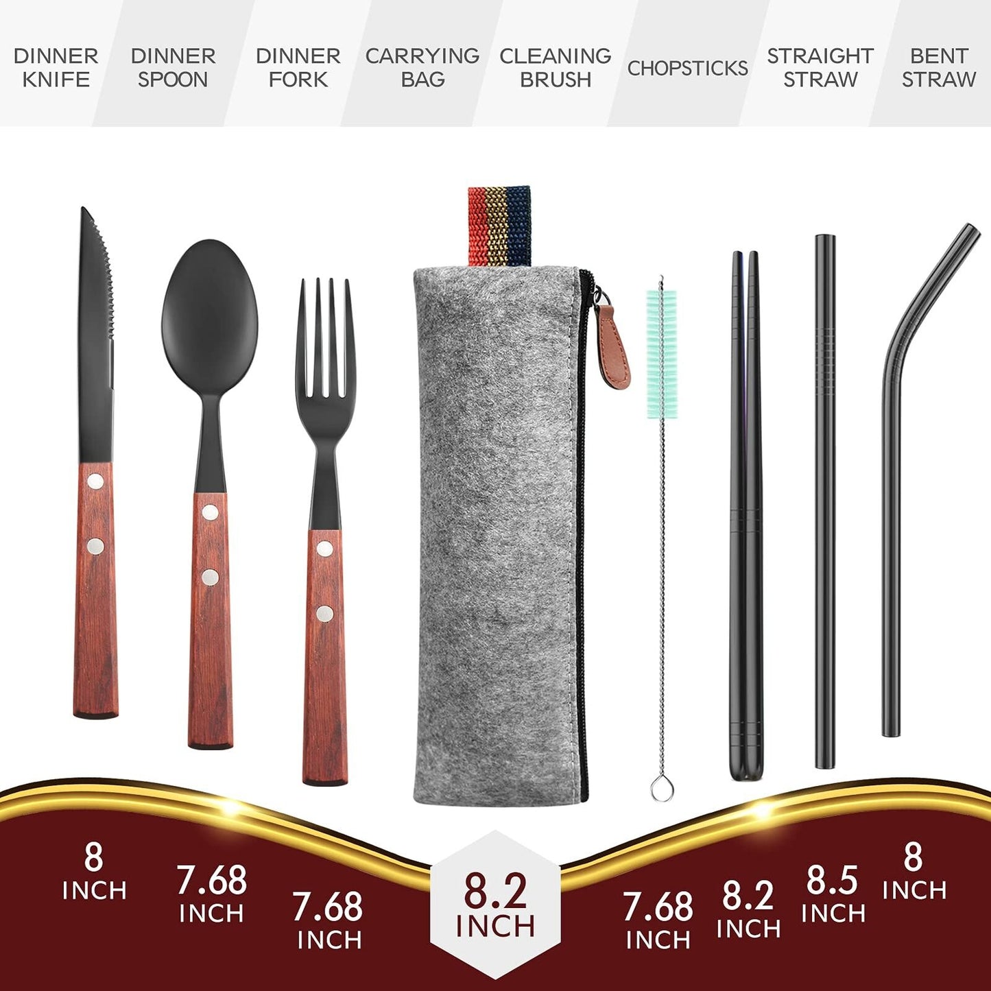 Reusable Camping Travel Utensils with Carrying Pouch， Flatware Set of Stainless