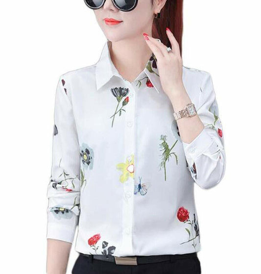 Women's Button Down Long Sleeve Printed Shirt Tailored Blouse