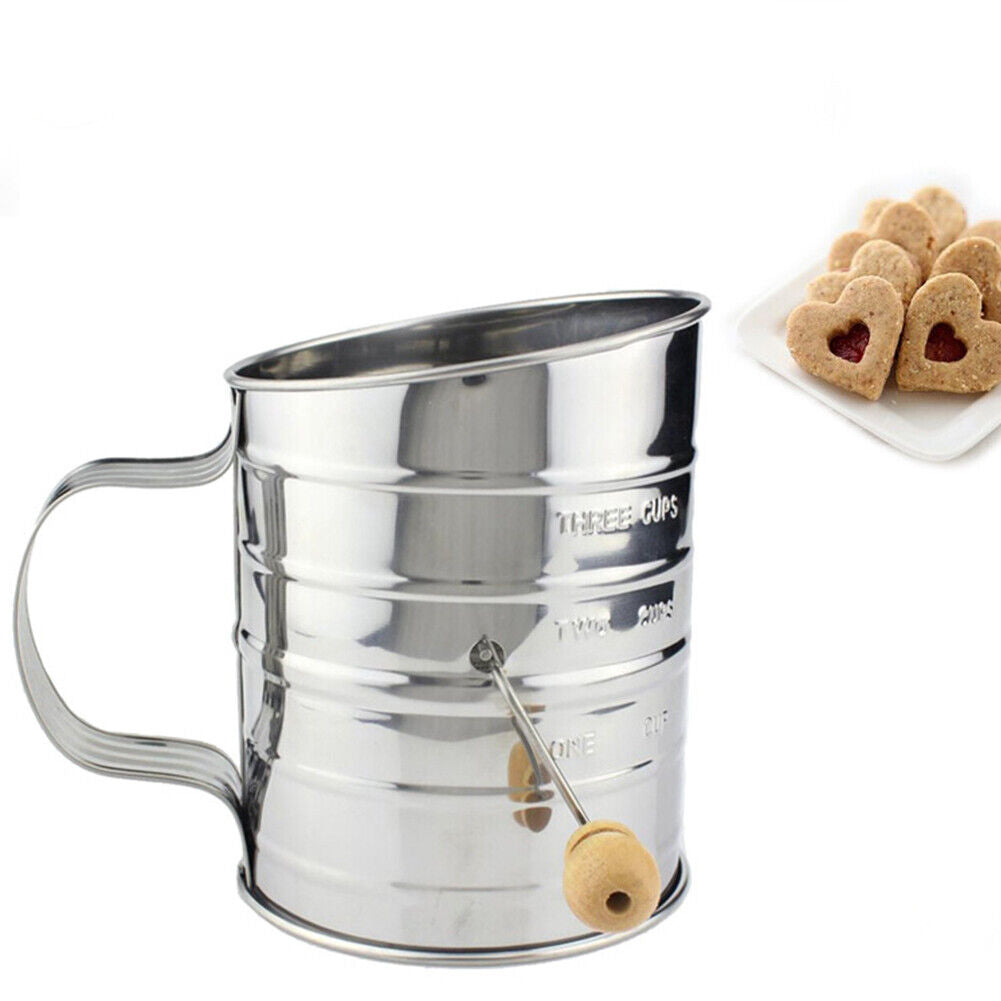 US 1-2 Pc Stainless Steel Flour Sifter Fine Mesh Rotary Hand Crank Wire Agitator