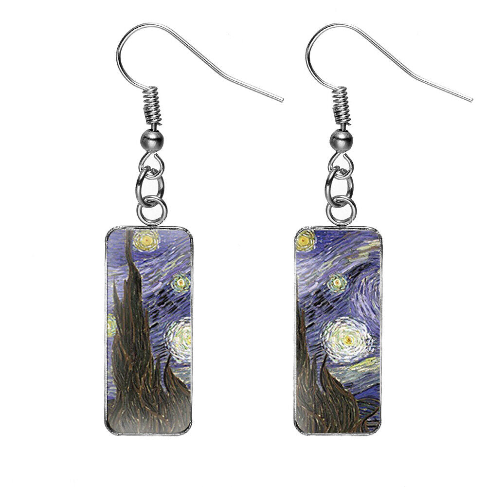 US Rectangle Starry Sky Sunflower Van Gogh Painting Glass Drop Dangle Earrings