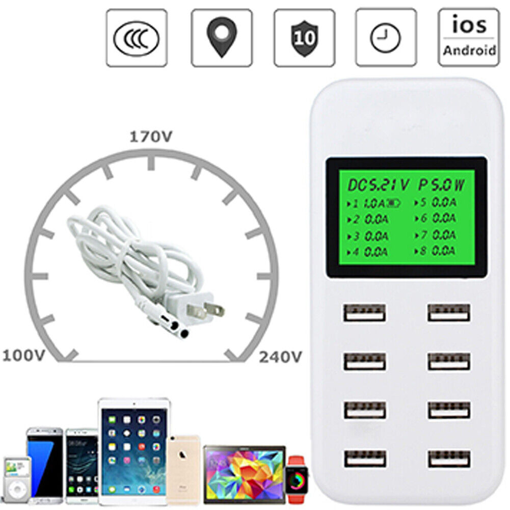 US 1-2 Pcs Multiple USB Charger 8-Port Charging Station Quick Charge LCD Display