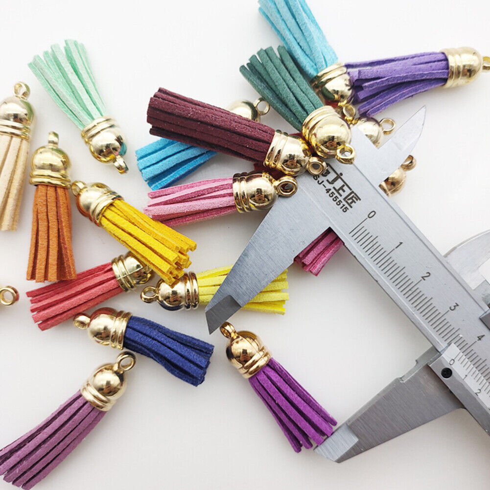 US 100Pc 30 Colors 1.6 inches Leather Tassels Keychain Charms DIY Multicolored