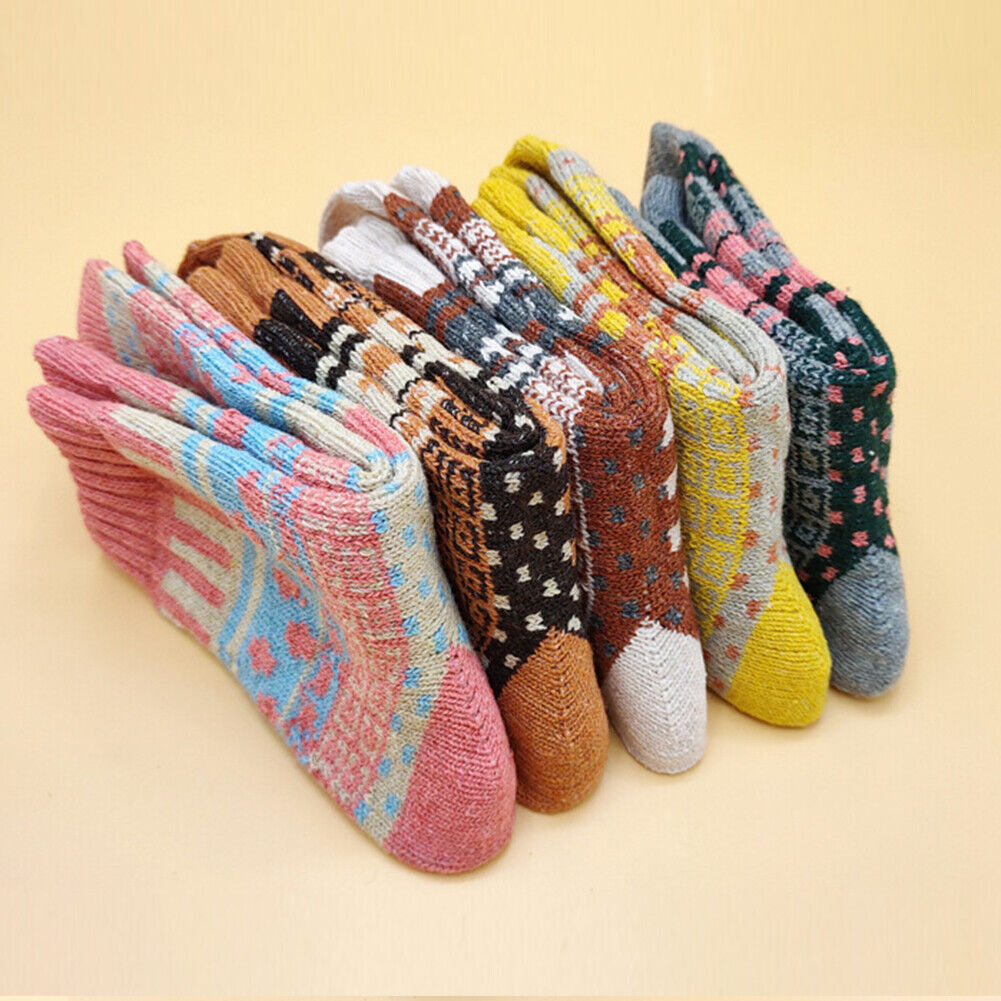 US 5 Pairs Wool Socks Womens Winter Warm Thick Knit Cabin Cozy Crew Socks 5-9