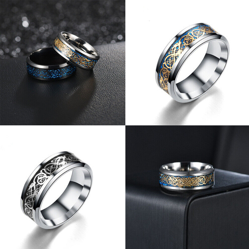 US 2-4 Pc Mens Celtic Blue Stainless Steel Dragon Wedding Band Ring Men Women