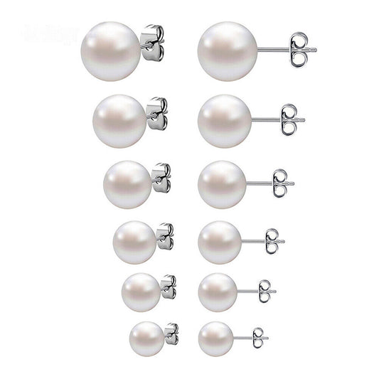 US 6-12 Pairs Faux Pearl Stud Earrings Set Silver Stainless Steel Hypoallergenic