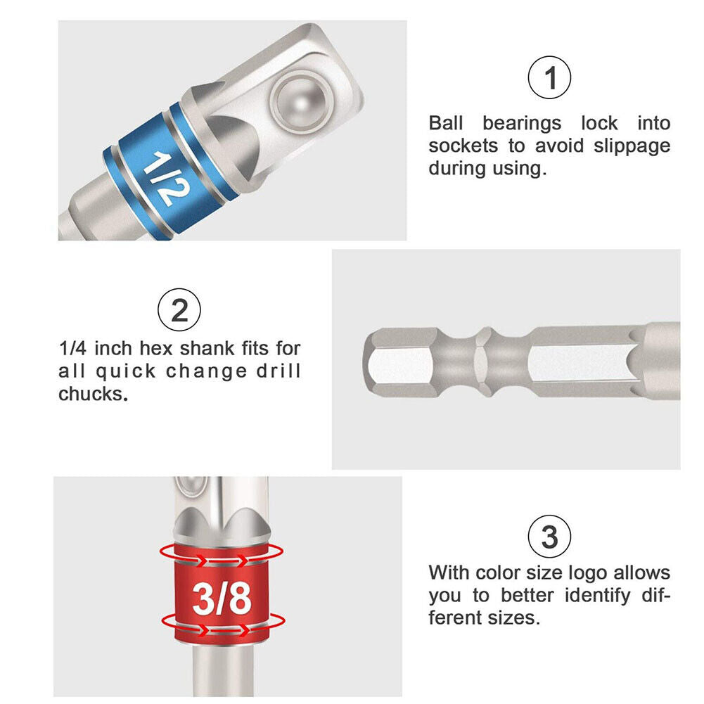 US 2-4 Set of 3-Pc Socket Adapter Hex Shank to1/4" 3/8" 1/2" Impact Driver Drill