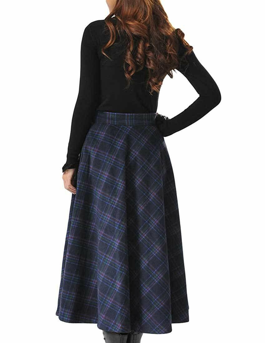 MFrannie Women's Thicken Wool Fashional Classy Grid Long Skirt With Pocket Fine