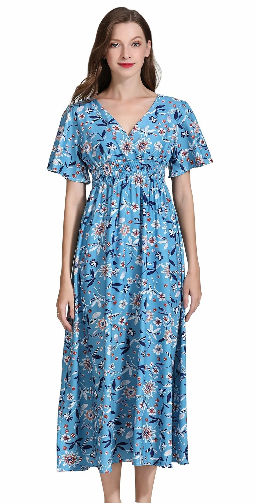 Women's Short Sleeve V-Neck Floral Print Midi Summer Beach Dress