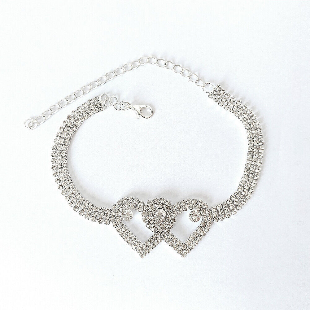 US 2-4 Pack Love Chain Double Heart Anklet Bracelet Bling Crystal Ankle Barefoot